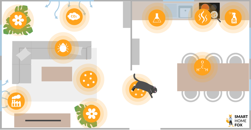 Arten der Luftverschmutzungen und ihre Quellen in einem Wohnzimmer